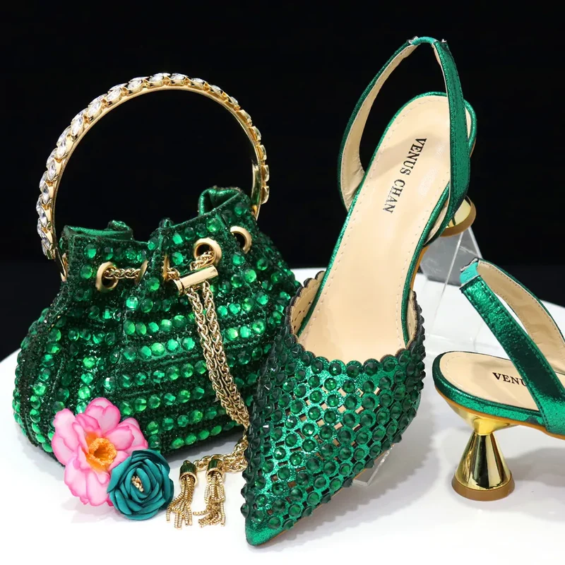 Venus Chan 2023 New INS High-Heeled Pointed Toe Wedding Shoes Colorful Full Diamond Design Shoe and Bag Set for Nigeria Party