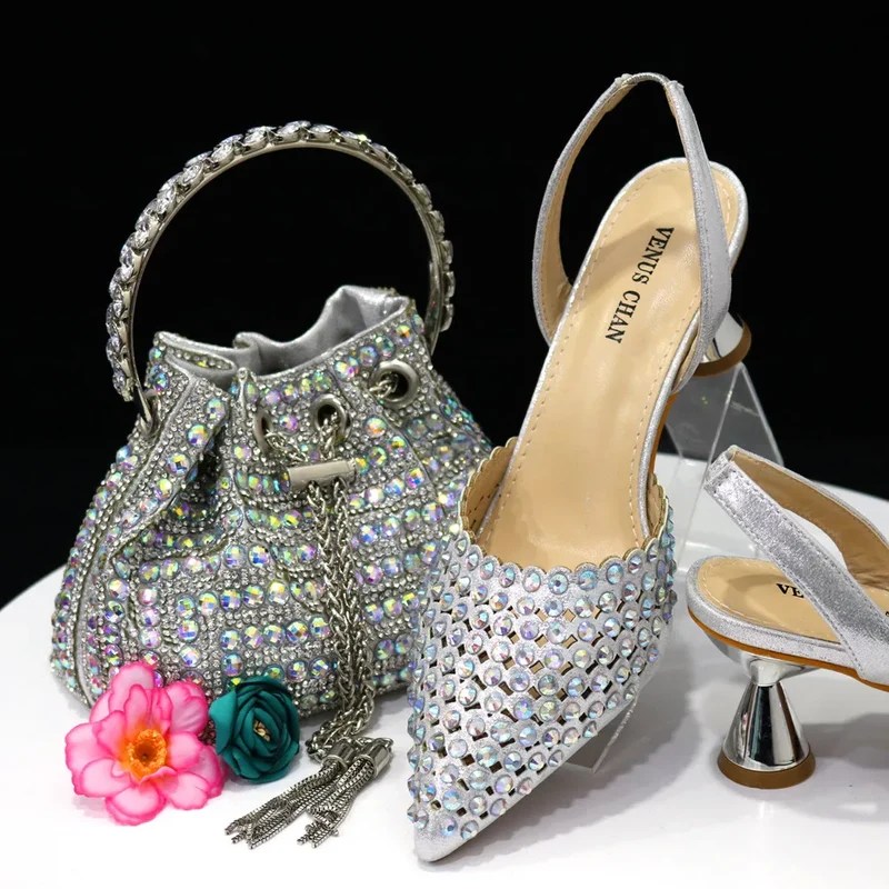 Venus Chan 2023 New INS High-Heeled Pointed Toe Wedding Shoes Colorful Full Diamond Design Shoe and Bag Set for Nigeria Party