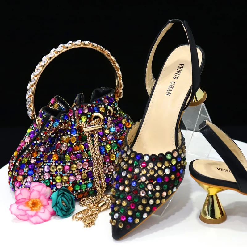 Venus Chan 2023 New INS High-Heeled Pointed Toe Wedding Shoes Colorful Full Diamond Design Shoe and Bag Set for Nigeria Party