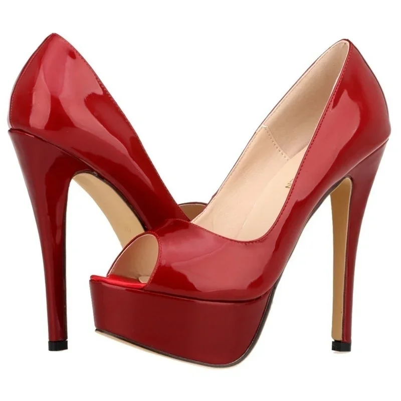 LOSLANDIFEN Sexy Peep Toe Platform Women Pumps 14cm Super High Patent Leather Heels Shoes Red Wedding Stilettos Large Size 43 44