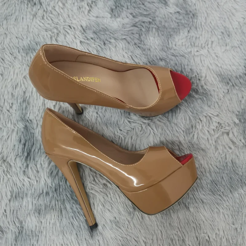 LOSLANDIFEN Sexy Peep Toe Platform Women Pumps 14cm Super High Patent Leather Heels Shoes Red Wedding Stilettos Large Size 43 44