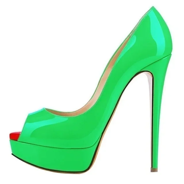LOSLANDIFEN Sexy Peep Toe Platform Women Pumps 14cm Super High Patent Leather Heels Shoes Red Wedding Stilettos Large Size 43 44