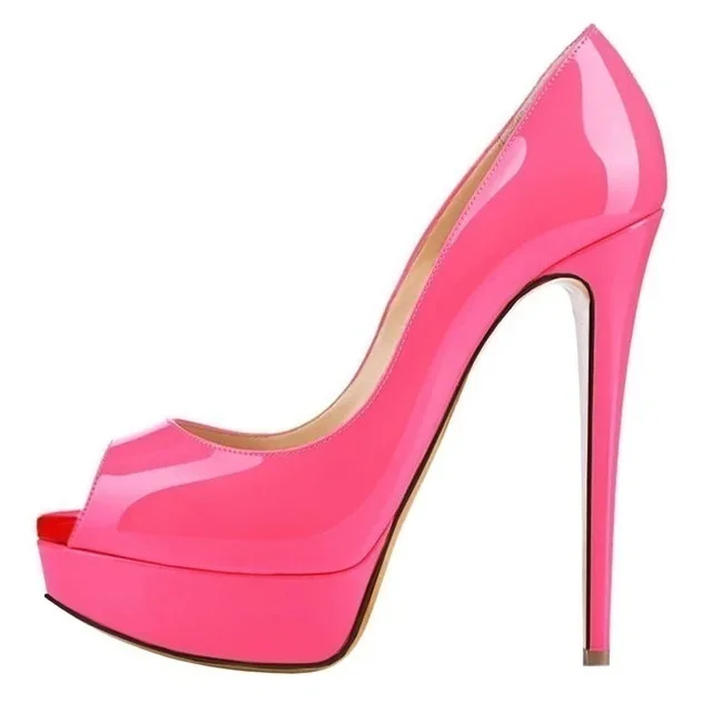 LOSLANDIFEN Sexy Peep Toe Platform Women Pumps 14cm Super High Patent Leather Heels Shoes Red Wedding Stilettos Large Size 43 44