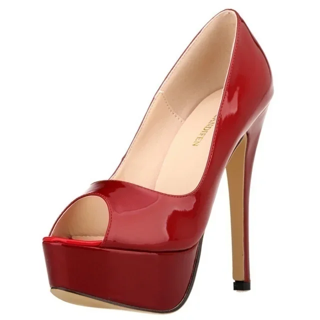 LOSLANDIFEN Sexy Peep Toe Platform Women Pumps 14cm Super High Patent Leather Heels Shoes Red Wedding Stilettos Large Size 43 44