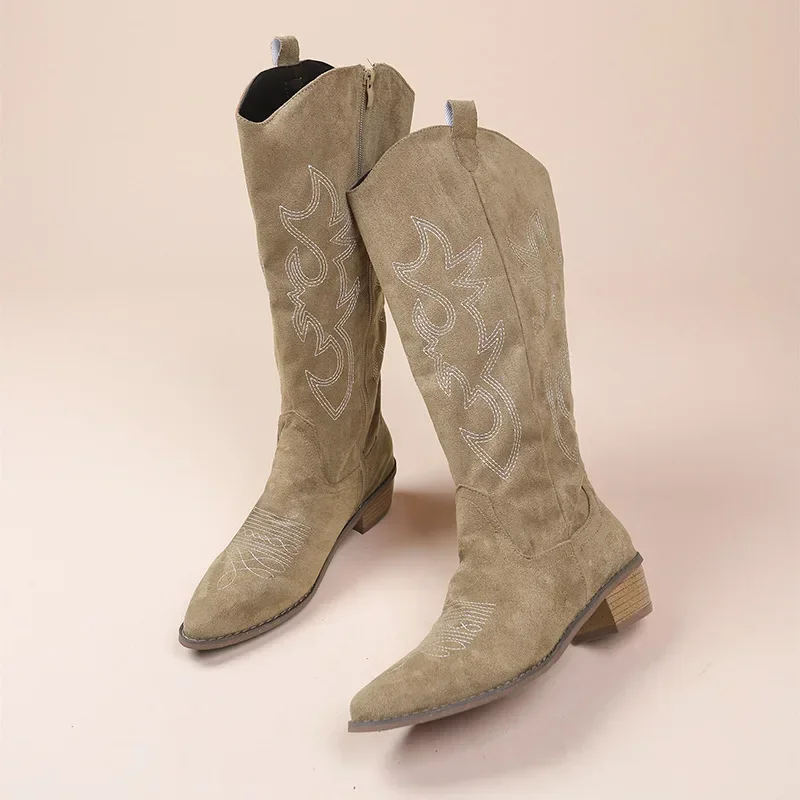 Embroidered Western Cowboy Boots for Women Autumn Pointed Toe Thick Heel High Knee Boots Woman Loose PU Leather Long Botas Mujer