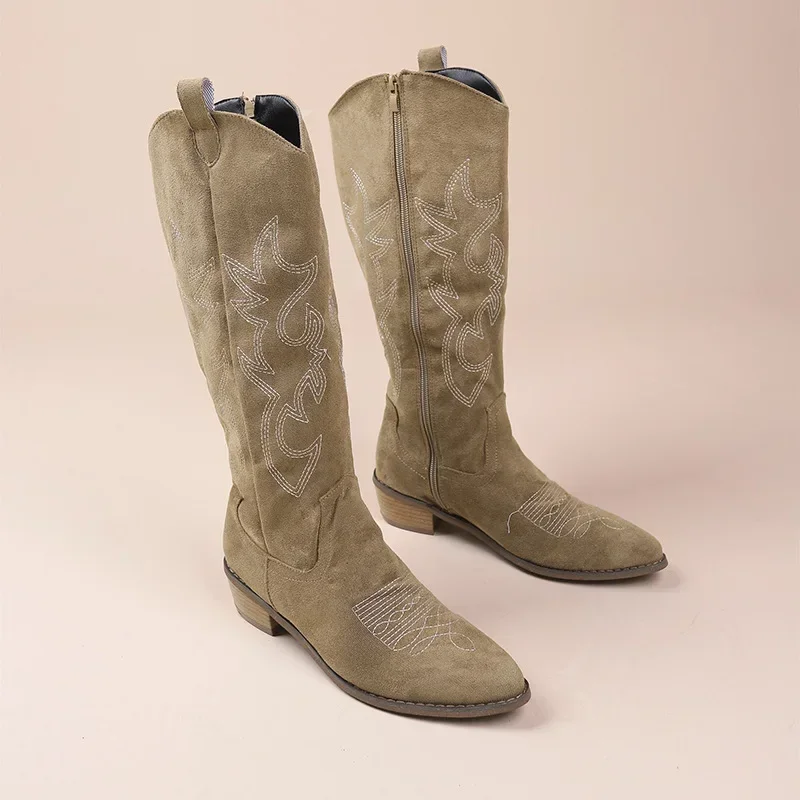 Embroidered Western Cowboy Boots for Women Autumn Pointed Toe Thick Heel High Knee Boots Woman Loose PU Leather Long Botas Mujer