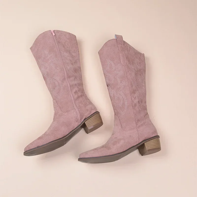 Embroidered Western Cowboy Boots for Women Autumn Pointed Toe Thick Heel High Knee Boots Woman Loose PU Leather Long Botas Mujer