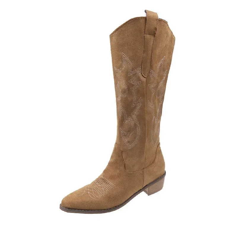 Embroidered Western Cowboy Boots for Women Autumn Pointed Toe Thick Heel High Knee Boots Woman Loose PU Leather Long Botas Mujer