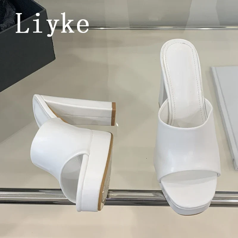Liyke Sexy Thick High Heels Platform Slippers Black White Cozy PU Leather Open Toe 12CM Women Shoes Sandals Pumps Zapatos Mujer
