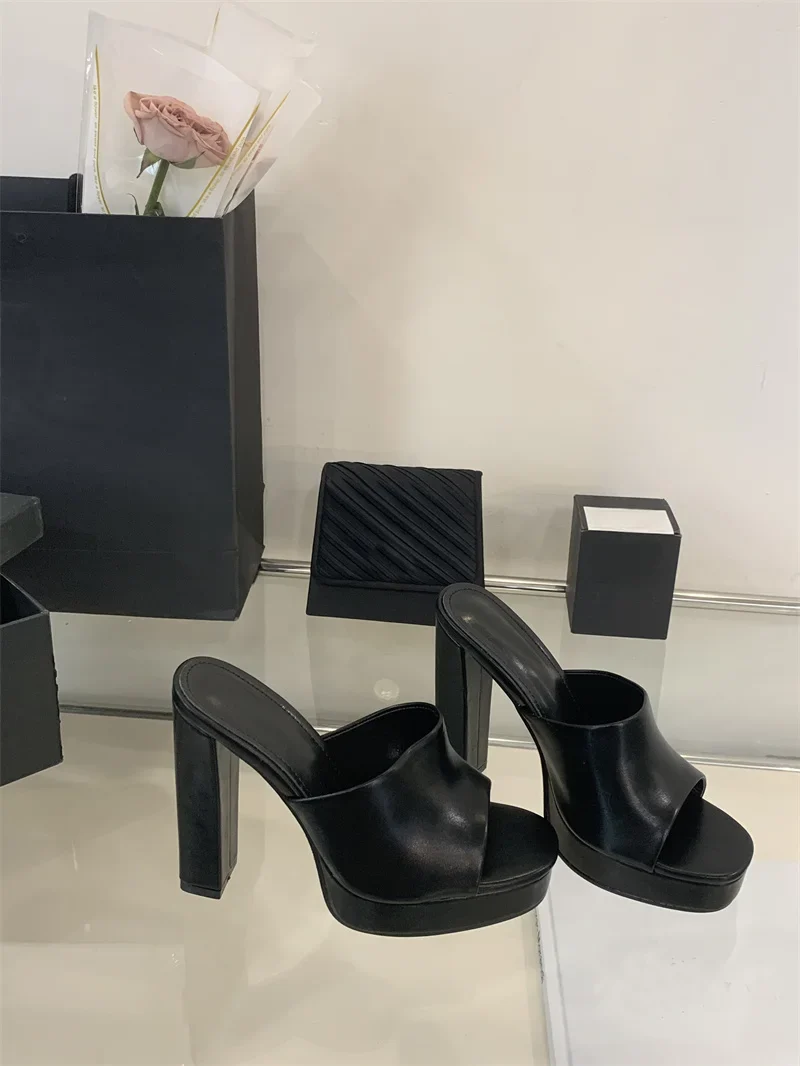 Liyke Sexy Thick High Heels Platform Slippers Black White Cozy PU Leather Open Toe 12CM Women Shoes Sandals Pumps Zapatos Mujer
