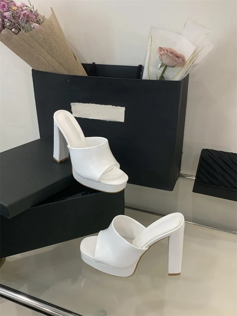 Liyke Sexy Thick High Heels Platform Slippers Black White Cozy PU Leather Open Toe 12CM Women Shoes Sandals Pumps Zapatos Mujer