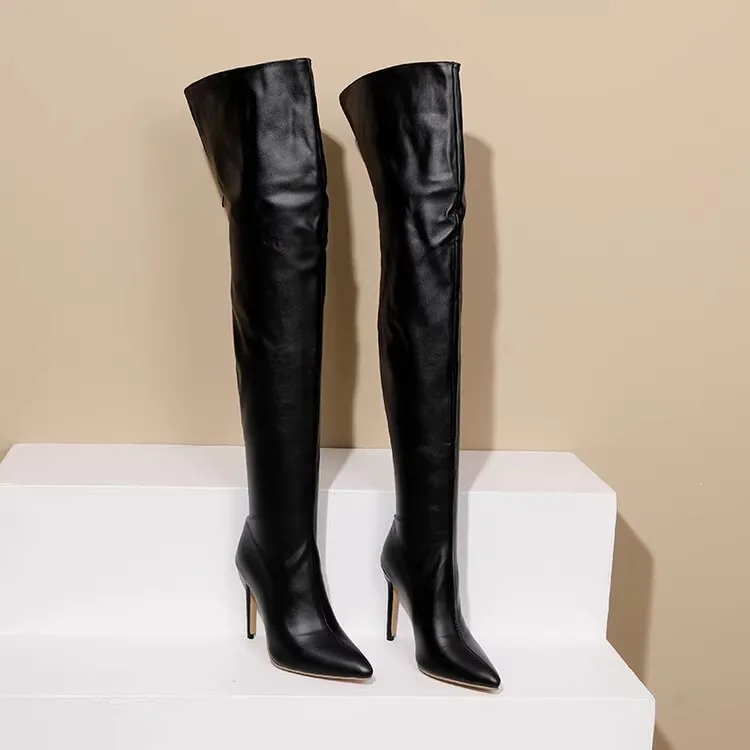 Size 34-48 White Boots For Woman Spring Autumn Stiletto Heels Back Zipper Pointed Toe Thigh Boots Over Knee T Show Shoes 11CM