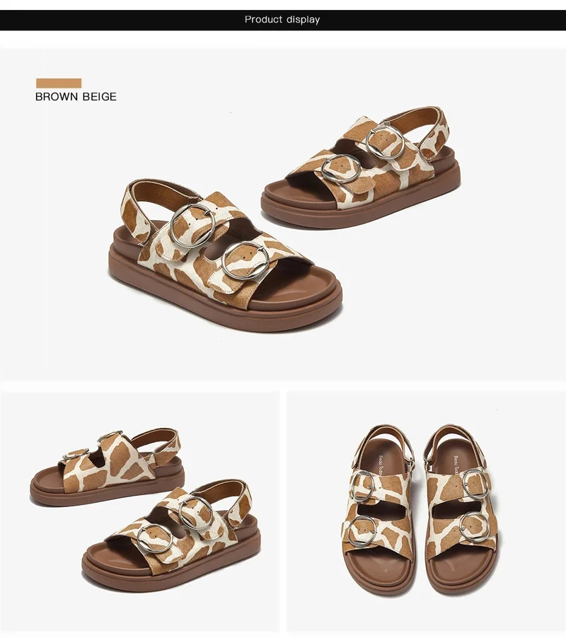 BEAUTODAY Casual Sandals Women Horseskin Animal Prints Double Buckles Straps Thick Sole Outdoor ladies Shoes Handmade 34616
