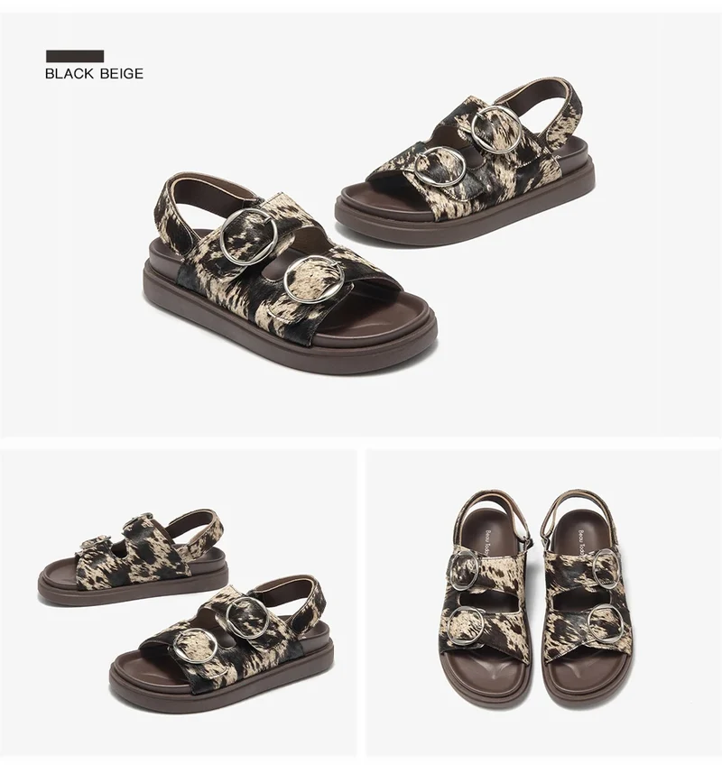 BEAUTODAY Casual Sandals Women Horseskin Animal Prints Double Buckles Straps Thick Sole Outdoor ladies Shoes Handmade 34616