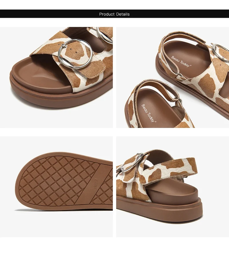 BEAUTODAY Casual Sandals Women Horseskin Animal Prints Double Buckles Straps Thick Sole Outdoor ladies Shoes Handmade 34616