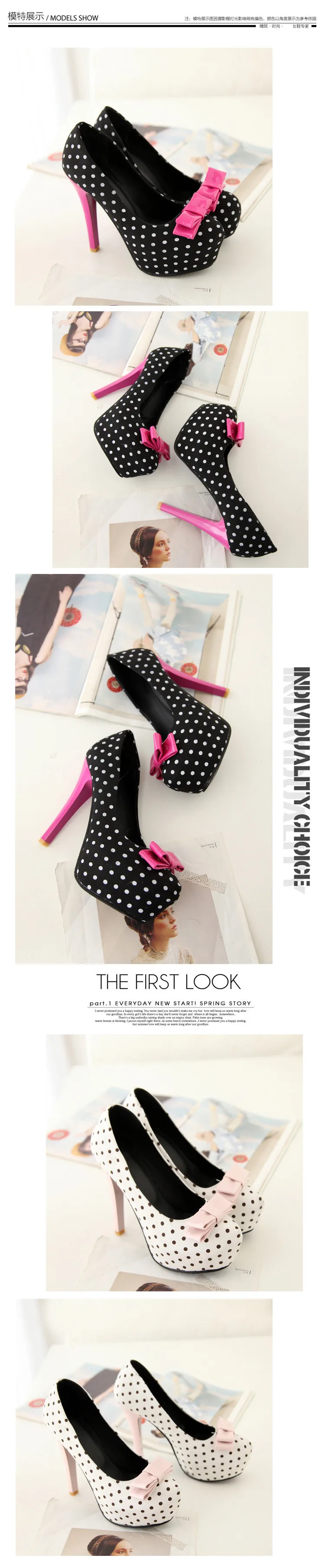 Voesnees New Sweet Bow Stiletto Pumps Polka Dot Pattern Comfortable Waterproof Platform Women Shoes 12CM High-Heel Single Shoes