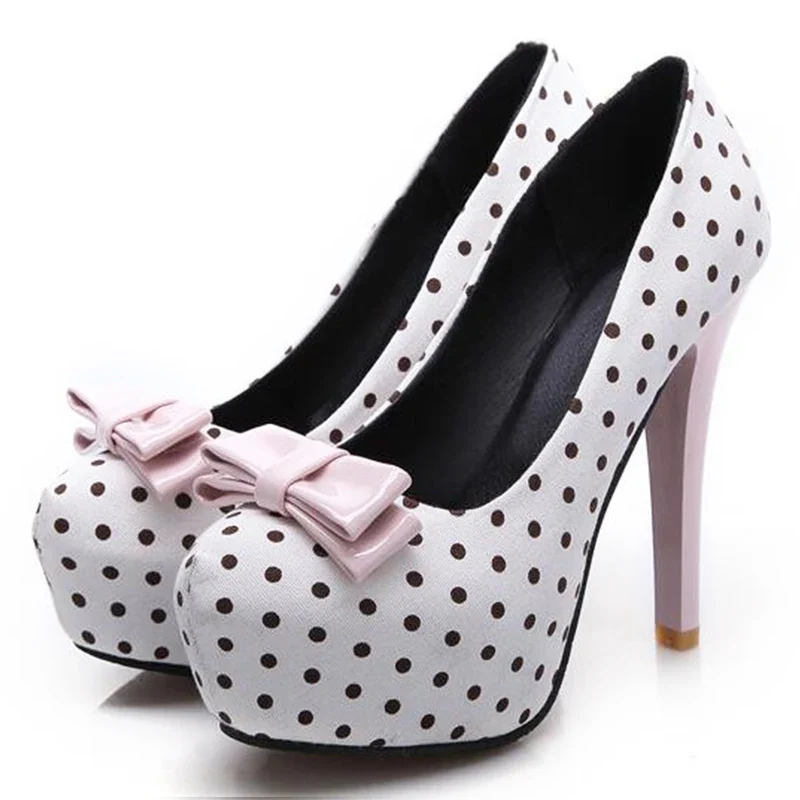Voesnees New Sweet Bow Stiletto Pumps Polka Dot Pattern Comfortable Waterproof Platform Women Shoes 12CM High-Heel Single Shoes