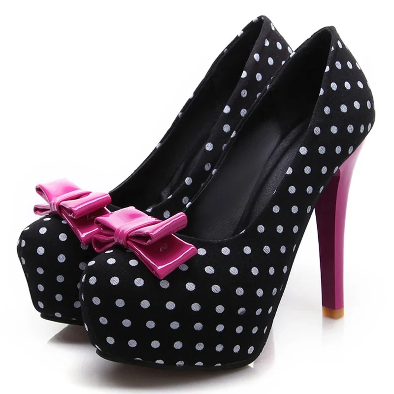 Voesnees New Sweet Bow Stiletto Pumps Polka Dot Pattern Comfortable Waterproof Platform Women Shoes 12CM High-Heel Single Shoes