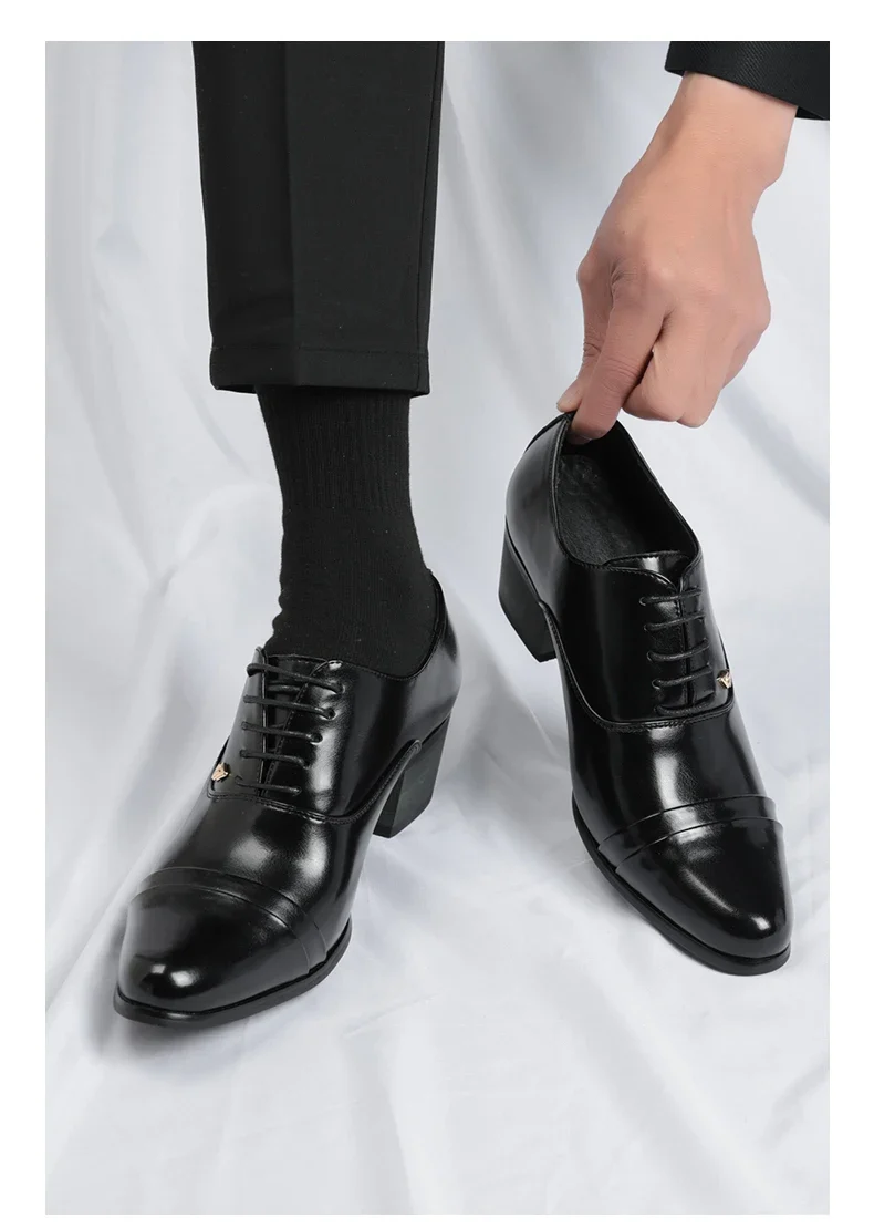 Premium Leather Men Shoes Slip On Loafers European Brand Business Casual Wedding Party Plaid Design Height Increasing