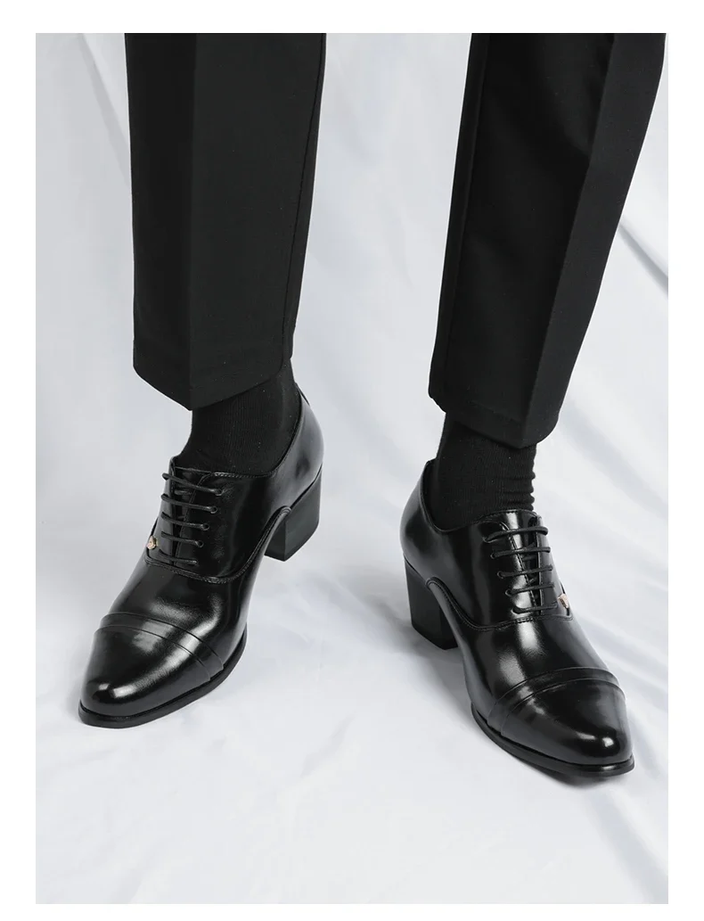 Premium Leather Men Shoes Slip On Loafers European Brand Business Casual Wedding Party Plaid Design Height Increasing