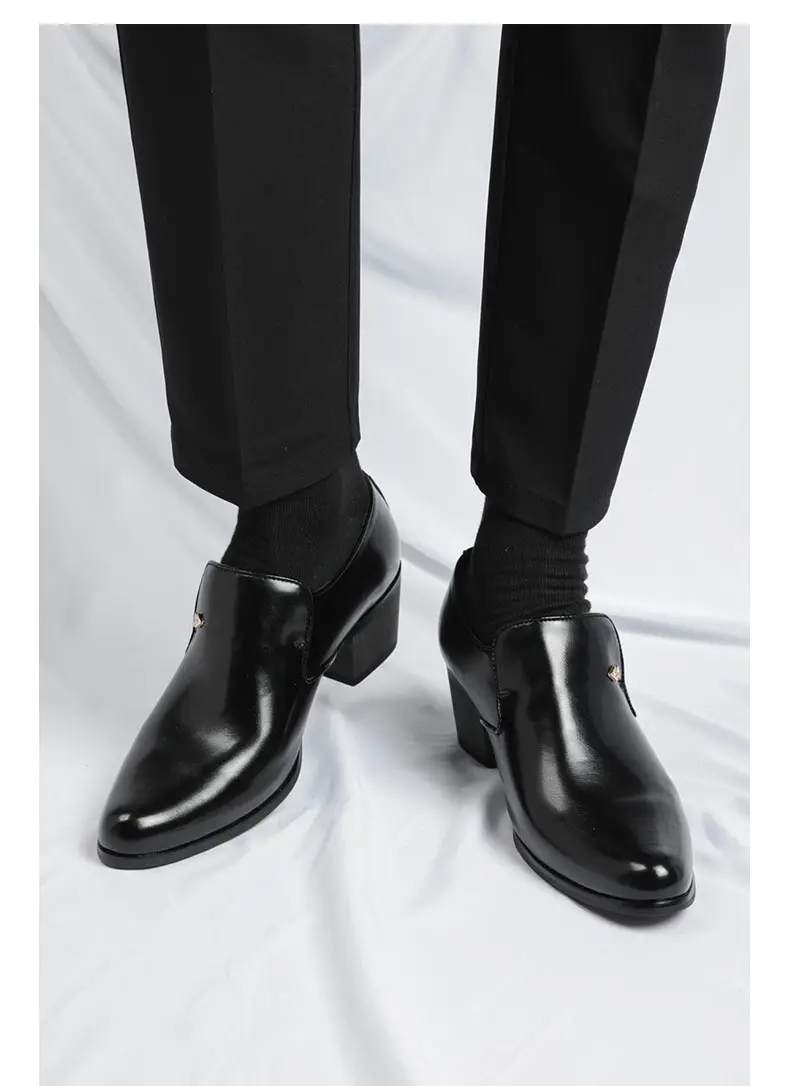 Premium Leather Men Shoes Slip On Loafers European Brand Business Casual Wedding Party Plaid Design Height Increasing