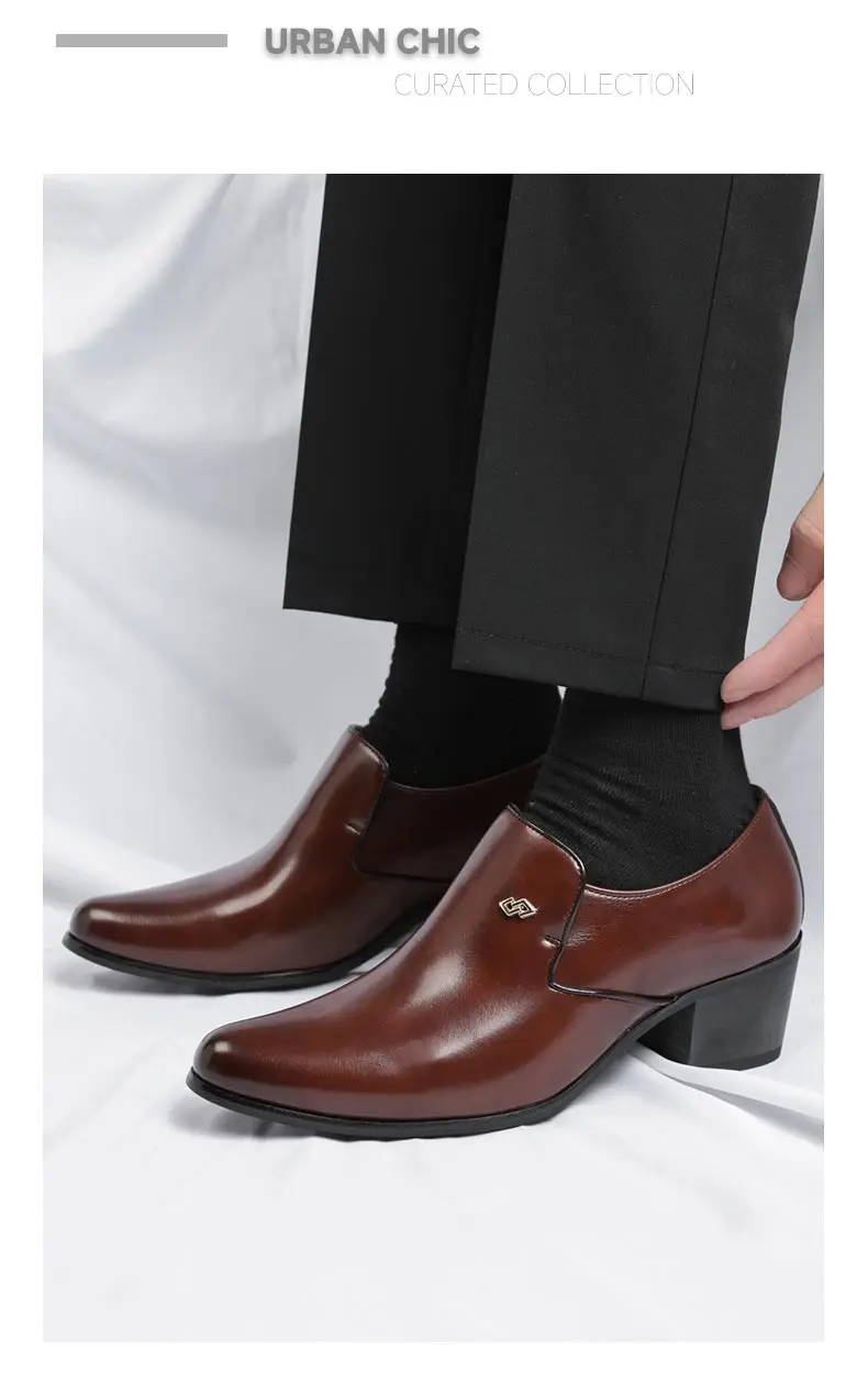 Premium Leather Men Shoes Slip On Loafers European Brand Business Casual Wedding Party Plaid Design Height Increasing