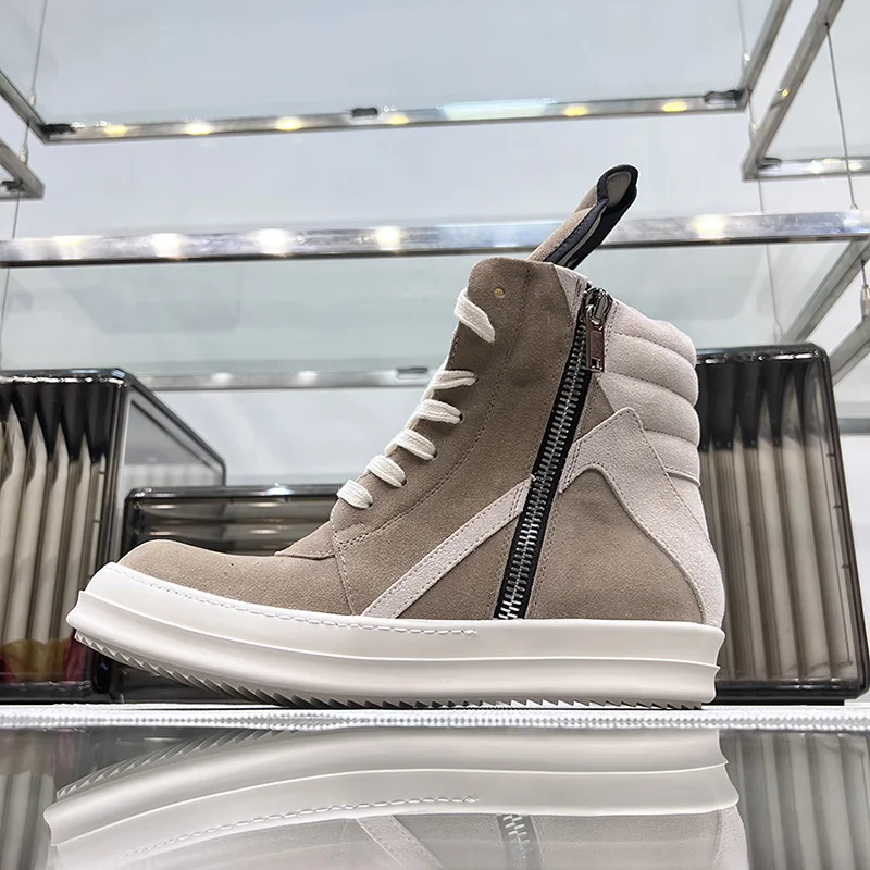 Ro Shoes Men Leather 2025 New Earthy Grey Cow Suede Lace Up Zipper Thick Sole Luxury Geo Women Street Hip-hop Casual Flat Boots