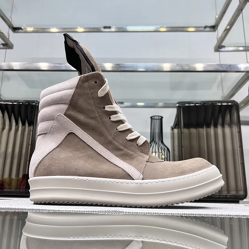 Ro Shoes Men Leather 2025 New Earthy Grey Cow Suede Lace Up Zipper Thick Sole Luxury Geo Women Street Hip-hop Casual Flat Boots