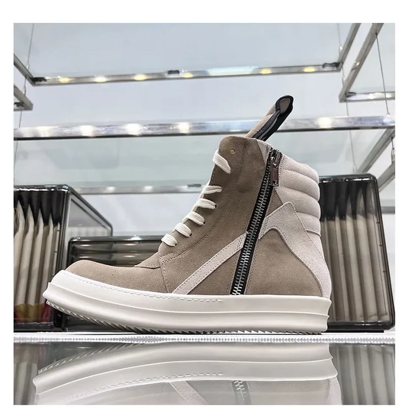 Ro Shoes Men Leather 2025 New Earthy Grey Cow Suede Lace Up Zipper Thick Sole Luxury Geo Women Street Hip-hop Casual Flat Boots