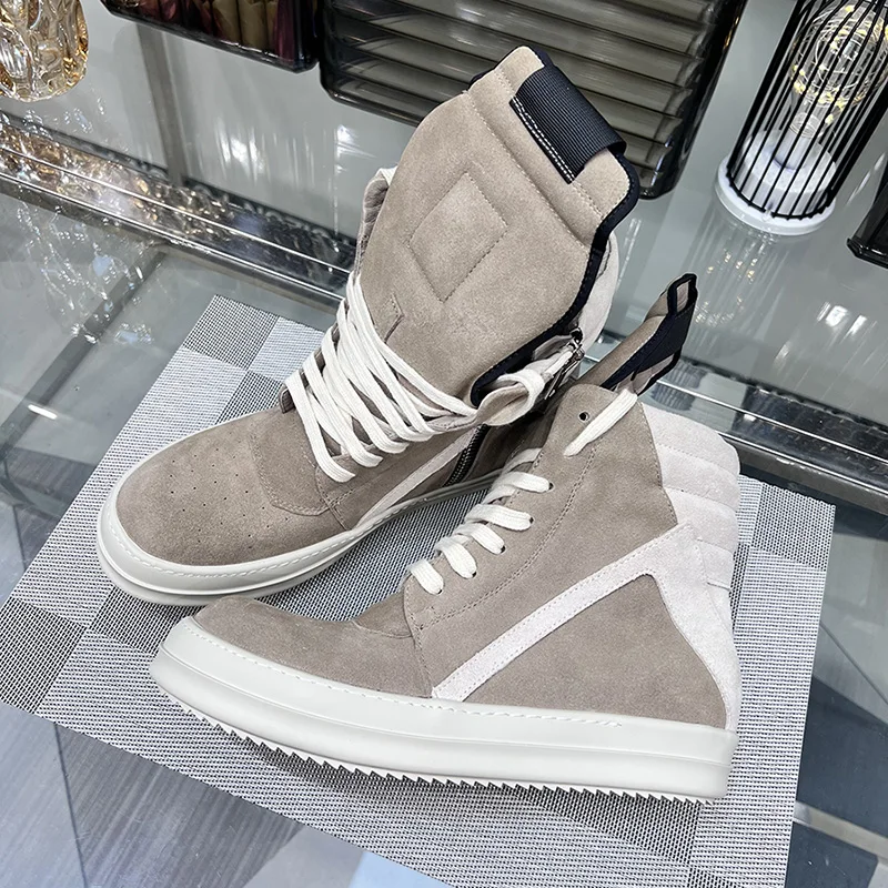Ro Shoes Men Leather 2025 New Earthy Grey Cow Suede Lace Up Zipper Thick Sole Luxury Geo Women Street Hip-hop Casual Flat Boots