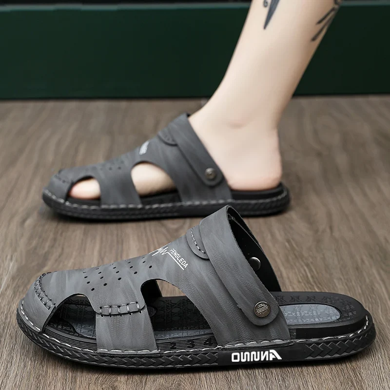 Men's Baotou Sandals Summer new Outdoor Cool Breathable Anti slip Waterproof Beach Shoes Soft Sole Fashion Dual purpose Slippers