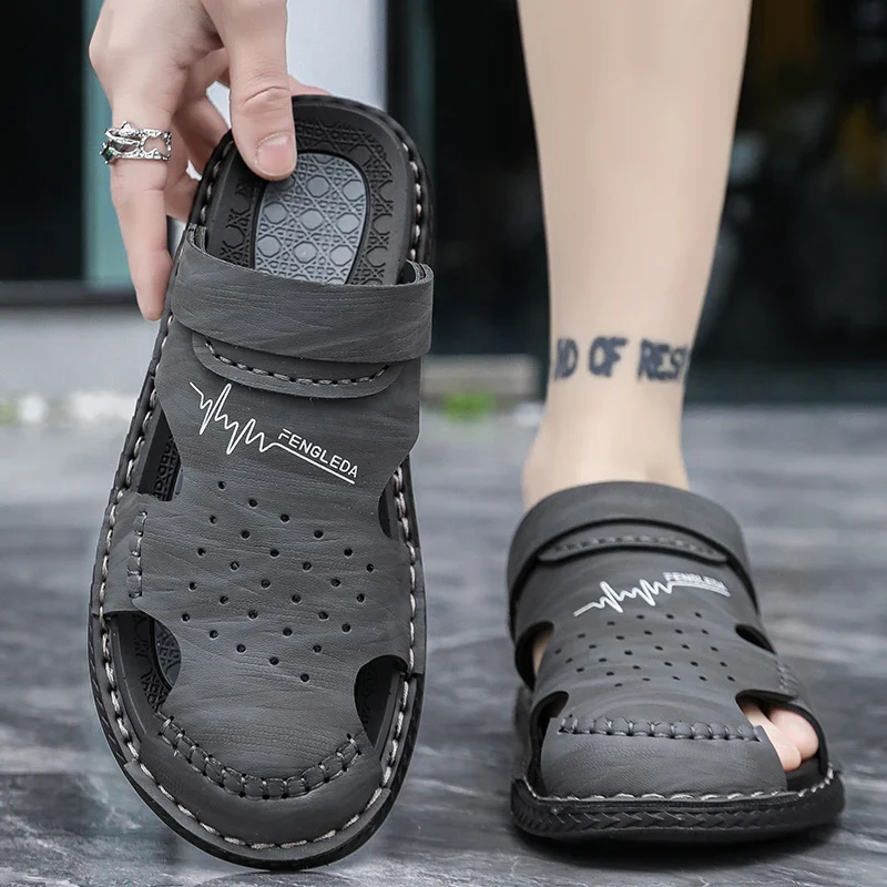 Men's Baotou Sandals Summer new Outdoor Cool Breathable Anti slip Waterproof Beach Shoes Soft Sole Fashion Dual purpose Slippers