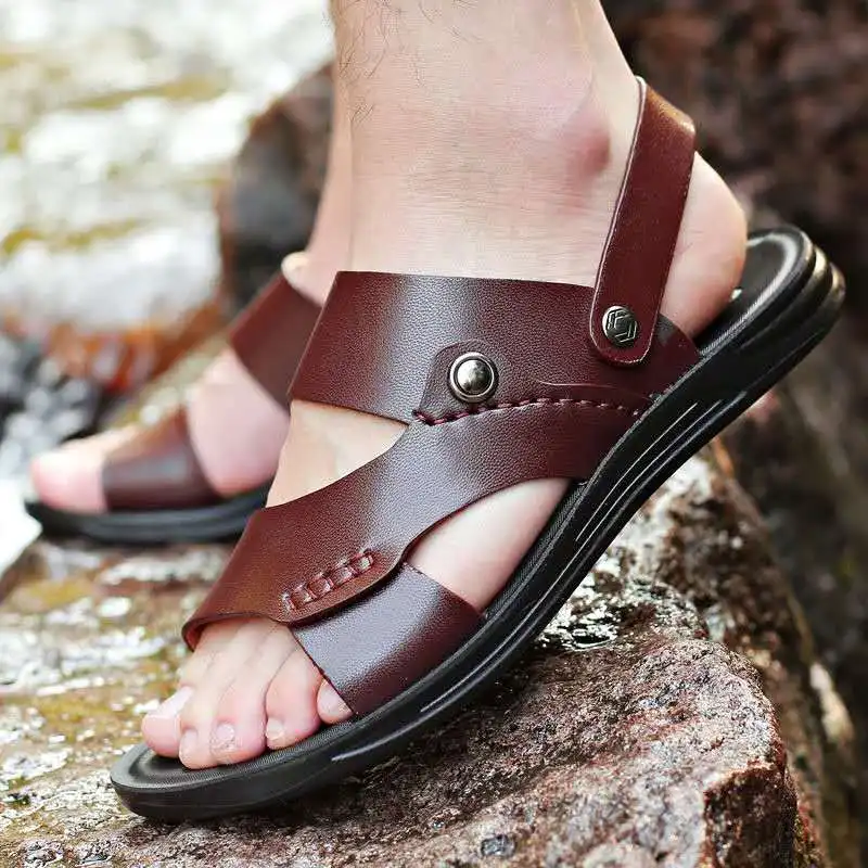 Yomior Summer New Fashion Men Shoes Vintage Real Leather Non-slip Beach Slip-On Sandals Travel Flip Flop Slippers Black Brown