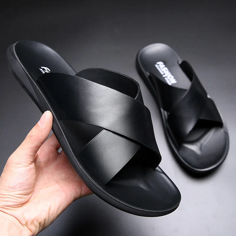 Leather Slippers For Men New Hotel Beach Summer Shoes High Quality Big Size Slip On Light Flats Male Flip Flops 2023
