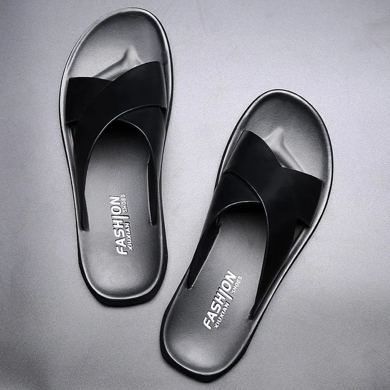 Leather Slippers For Men New Hotel Beach Summer Shoes High Quality Big Size Slip On Light Flats Male Flip Flops 2023