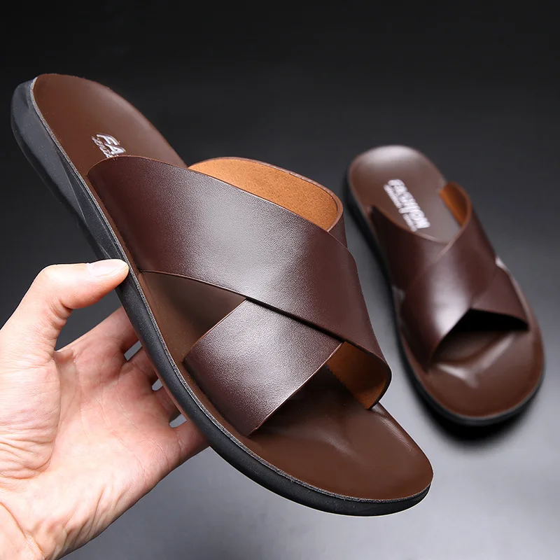 Leather Slippers For Men New Hotel Beach Summer Shoes High Quality Big Size Slip On Light Flats Male Flip Flops 2023