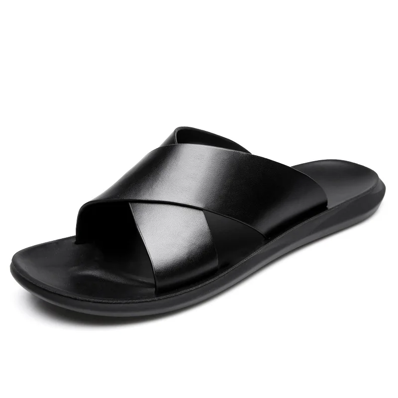 Leather Slippers For Men New Hotel Beach Summer Shoes High Quality Big Size Slip On Light Flats Male Flip Flops 2023