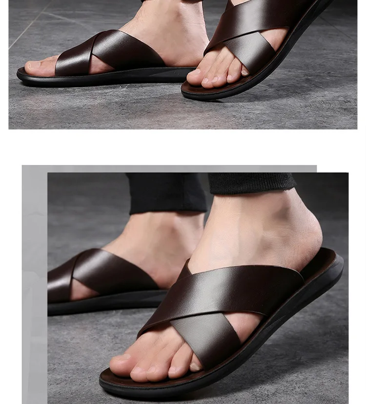 Leather Slippers For Men New Hotel Beach Summer Shoes High Quality Big Size Slip On Light Flats Male Flip Flops 2023