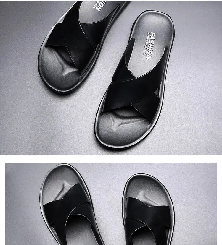 Leather Slippers For Men New Hotel Beach Summer Shoes High Quality Big Size Slip On Light Flats Male Flip Flops 2023
