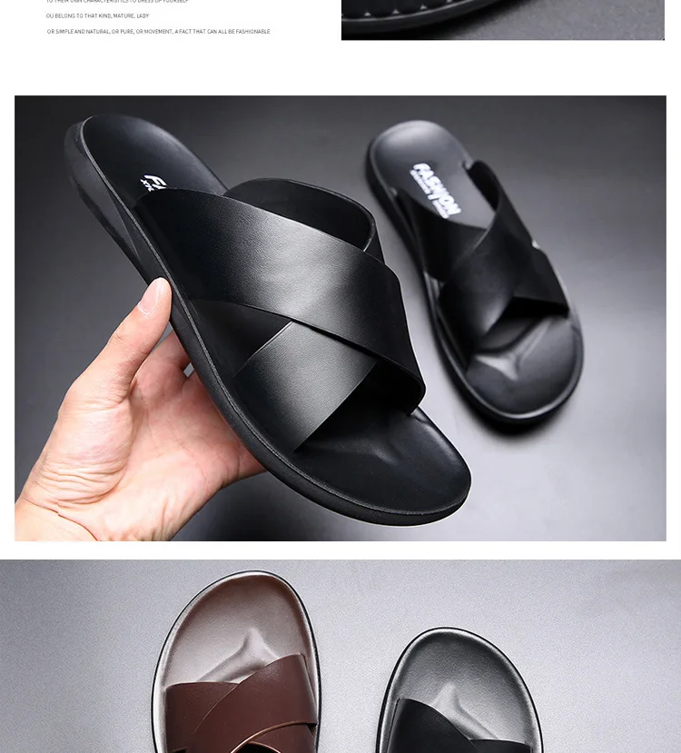 Leather Slippers For Men New Hotel Beach Summer Shoes High Quality Big Size Slip On Light Flats Male Flip Flops 2023