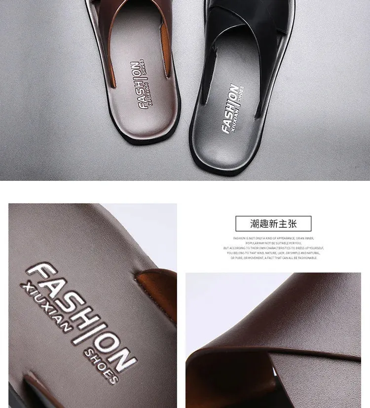 Leather Slippers For Men New Hotel Beach Summer Shoes High Quality Big Size Slip On Light Flats Male Flip Flops 2023