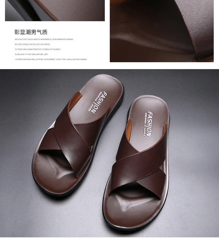 Leather Slippers For Men New Hotel Beach Summer Shoes High Quality Big Size Slip On Light Flats Male Flip Flops 2023