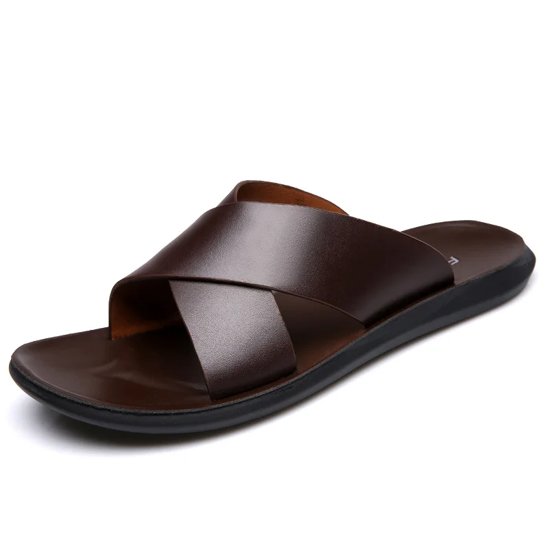 Leather Slippers For Men New Hotel Beach Summer Shoes High Quality Big Size Slip On Light Flats Male Flip Flops 2023