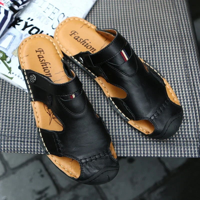 Men Sandals Summer Leather Men Shoes Breathable Walking Beach Slippers Outdoor Sandals Flat Casual High Quality Fashion Sandals