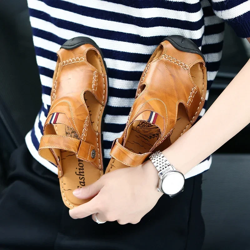 Men Sandals Summer Leather Men Shoes Breathable Walking Beach Slippers Outdoor Sandals Flat Casual High Quality Fashion Sandals