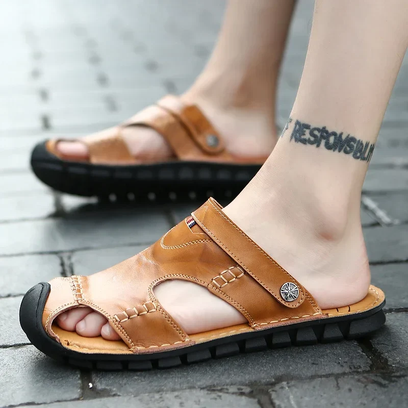 Men Sandals Summer Leather Men Shoes Breathable Walking Beach Slippers Outdoor Sandals Flat Casual High Quality Fashion Sandals