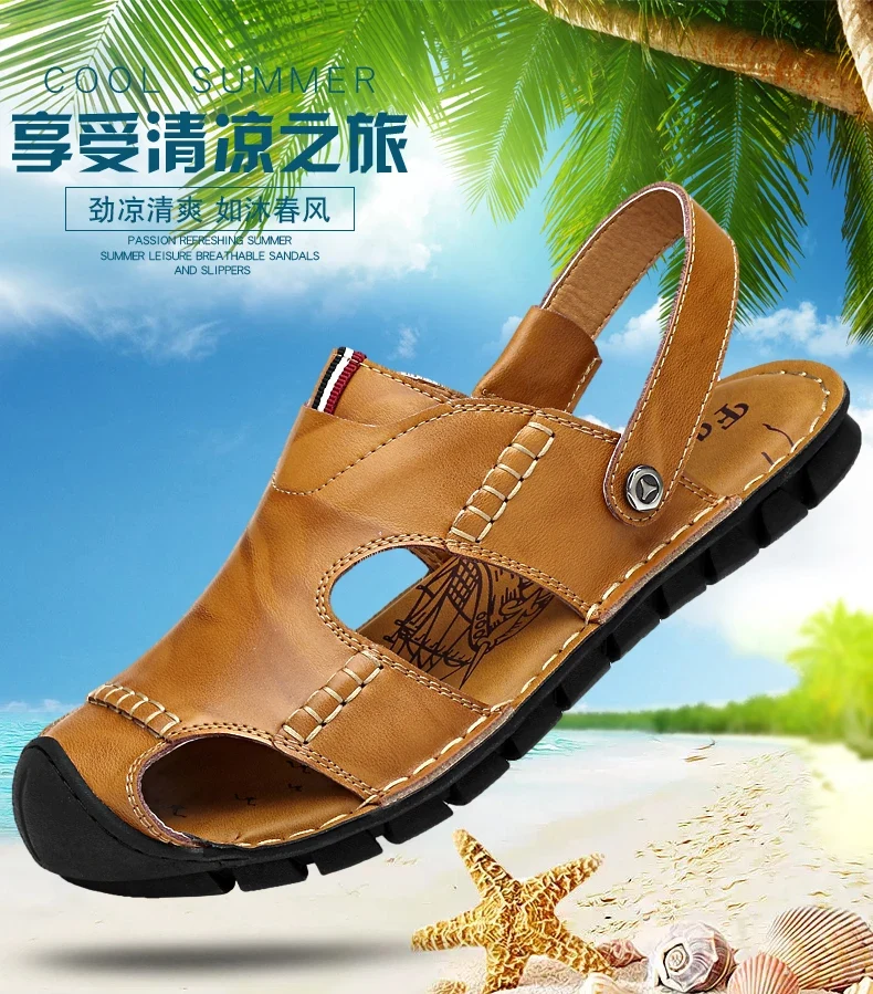 Men Sandals Summer Leather Men Shoes Breathable Walking Beach Slippers Outdoor Sandals Flat Casual High Quality Fashion Sandals