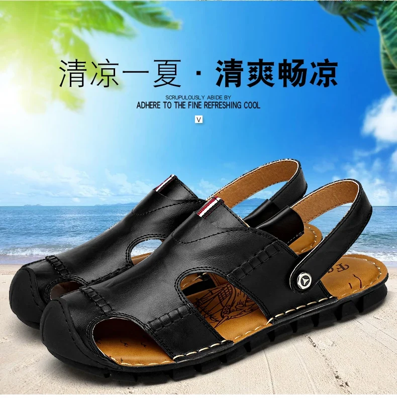 Men Sandals Summer Leather Men Shoes Breathable Walking Beach Slippers Outdoor Sandals Flat Casual High Quality Fashion Sandals