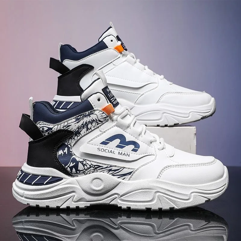 Men's Spring Breathable High Top White Sports Shoes Trendy All-Match Thick Sole Leisure Dad Sneakers