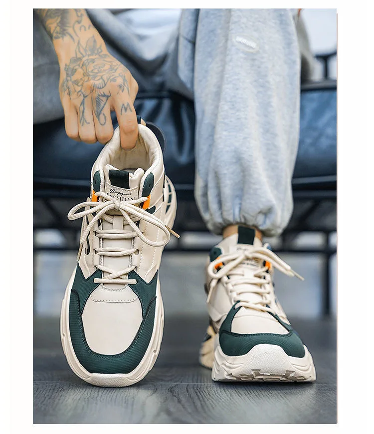 Men's Spring Breathable High Top White Sports Shoes Trendy All-Match Thick Sole Leisure Dad Sneakers